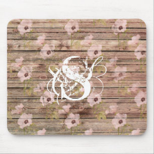 Tapis De Souris Motif floral rose Shabby Chic en bois monogramme