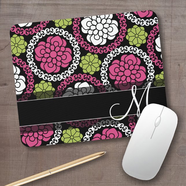 Tapis De Souris Motif floral tendance Hot rose et noir Monogramme (Personalized mousepad - add your photos and custom text)
