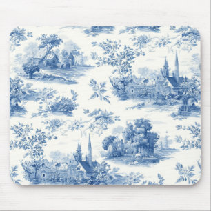 Tapis De Souris Motif floral toile de Jouy bleue vintage