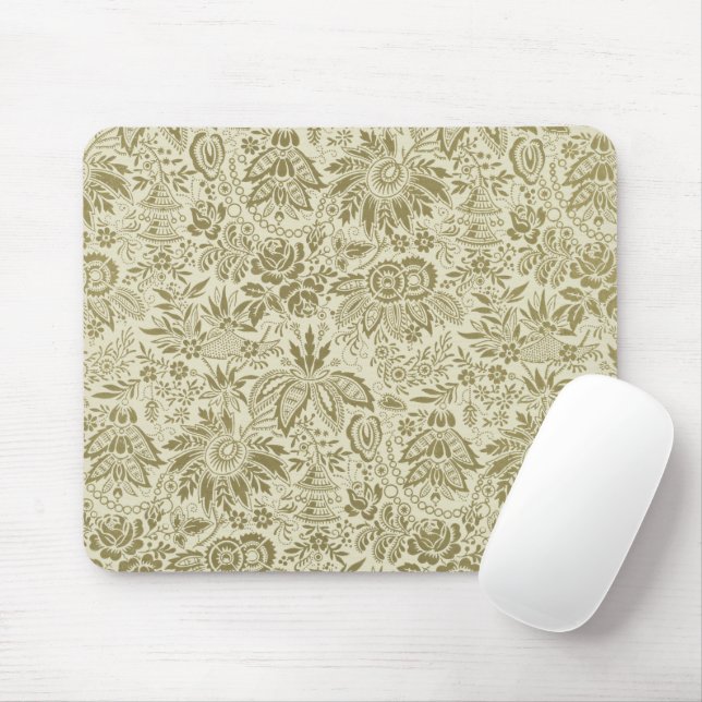 Tapis De Souris Motif Floral Vert Sage Antique Damas (Avec souris)
