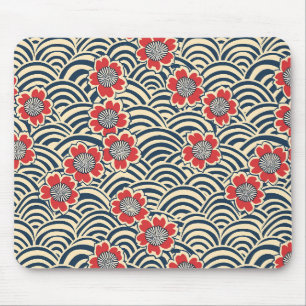 Tapis De Souris Motif japonais Sakura Rouge Crème Navy Wave