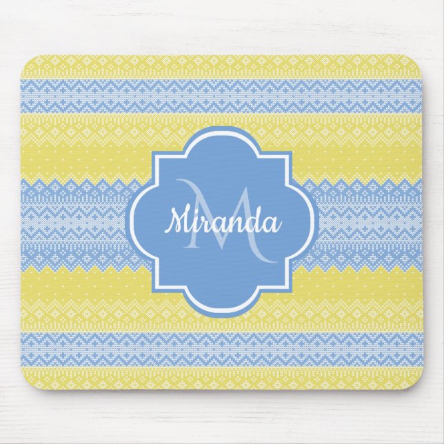 Tapis De Souris Motif Knit jaune et bleu clair avec Monogramme (Devant)