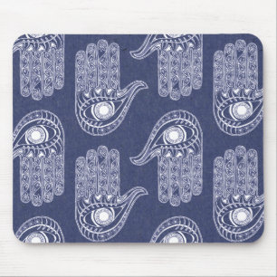 Tapis De Souris Motif main de hamsa bleu et blanc / défense oculai