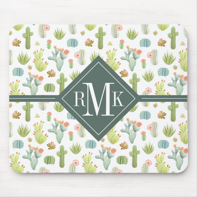Tapis De Souris Motif mignon de position de cactus du monogramme | (Devant)