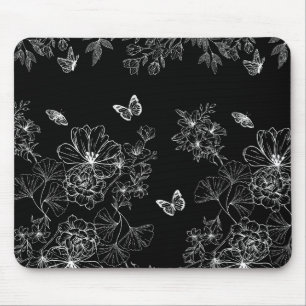 Tapis De Souris Motif minimaliste de la nature florale noire et bl