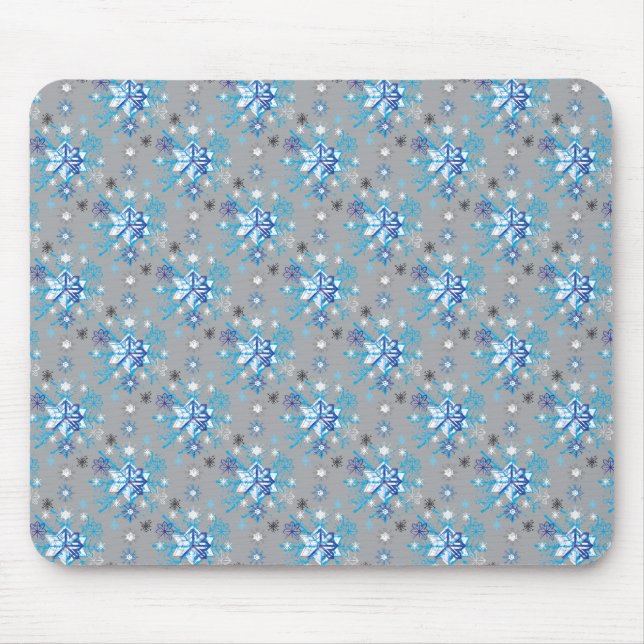 Tapis De Souris Motif moderne gris et bleu Holiday Snowflakes (Devant)