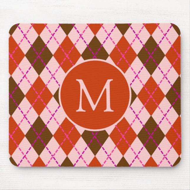 Tapis De Souris Motif monogramme argyle rouge rose et marron (Devant)