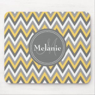 Tapis De Souris Motif Monogramme Jaune et Gris Chevron