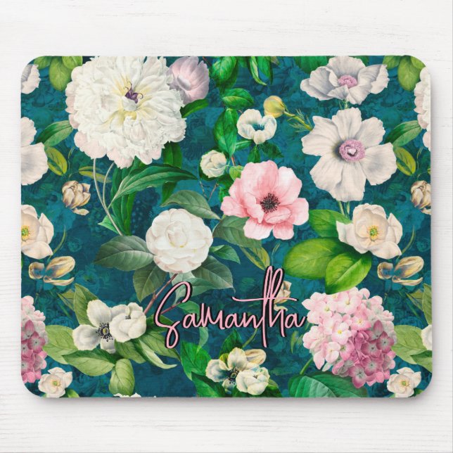 Tapis De Souris Motif monogramme vert fleuri et rose (Devant)