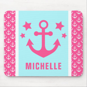 Tapis De Souris Motif nautique d'ancres rose et bleu clair
