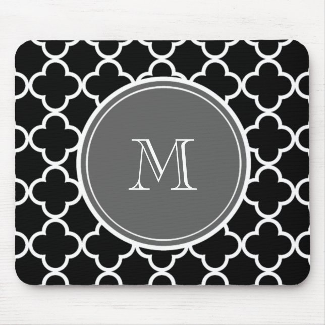 Tapis De Souris Motif noir de Quatrefoil, monogramme gris (Devant)
