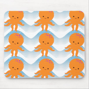 Tapis De Souris Motif Octopus Orange Et Vagues Bleues