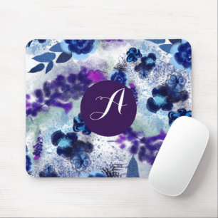 Tapis De Souris Motif Personnalisé Monogramme bleu violet Fleurs
