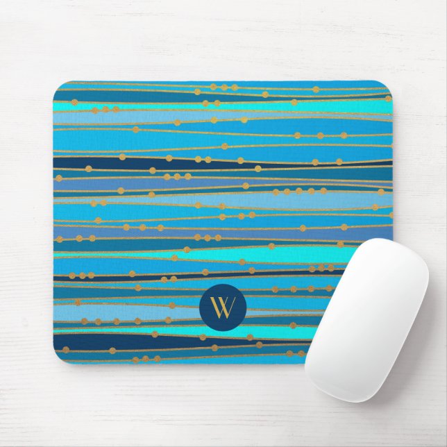 Tapis De Souris Motif rayures bleues monogramme moderne (Avec souris)