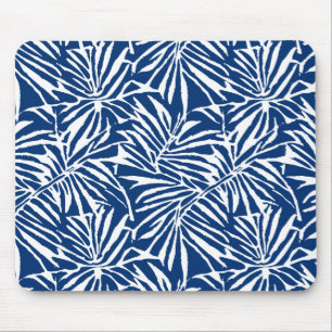 Tapis De Souris Motif Répétant de feuille tropicale blanche et ble