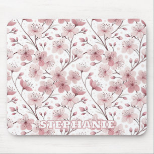 Tapis De Souris Motif Sakura en fleurs de cerises roses sur blanc 