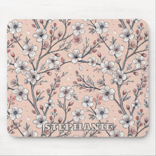 Tapis De Souris Motif Sakura en fleurs de cerisier rose sur rose (