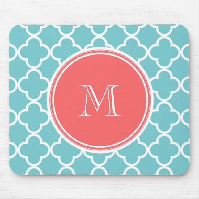 Tapis De Souris Motif turquoise de Quatrefoil, monogramme de (Devant)