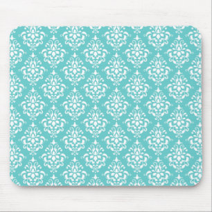 TAPIS DE SOURIS MOTIF VINTAGE BLANC TURQUOISE 1 DE DAMASSÉ