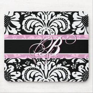 Tapis De Souris Motif Vintage noir blanc et rose Damas