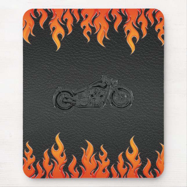 Tapis De Souris Moto Chrome Cuir Noir Flammes Orange (Devant)