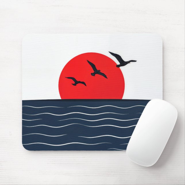Tapis De Souris Mouettes sur Soleil Rouge avec Océan (Avec souris)