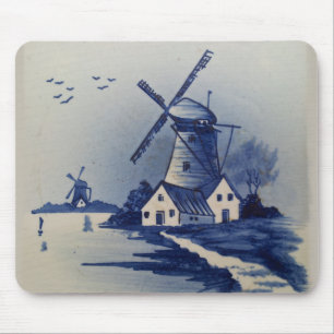 Tapis De Souris Moulin à vent bleu blanc Delft antique