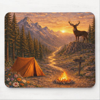 Tapis De Souris Mountain Sunset Deer Campsite Mouse Pad