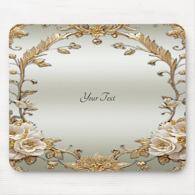 Tapis De Souris Mousepad aux fleurs blanches dorées (Devant)