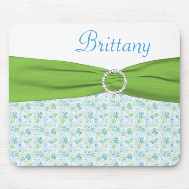 Tapis De Souris Mousepad floral bleu et vert avec le nom (Devant)