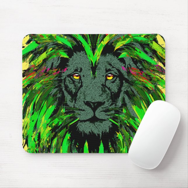 Tapis De Souris Mousepad Lion Vert - Dessin du portrait Visage Lio (Avec souris)