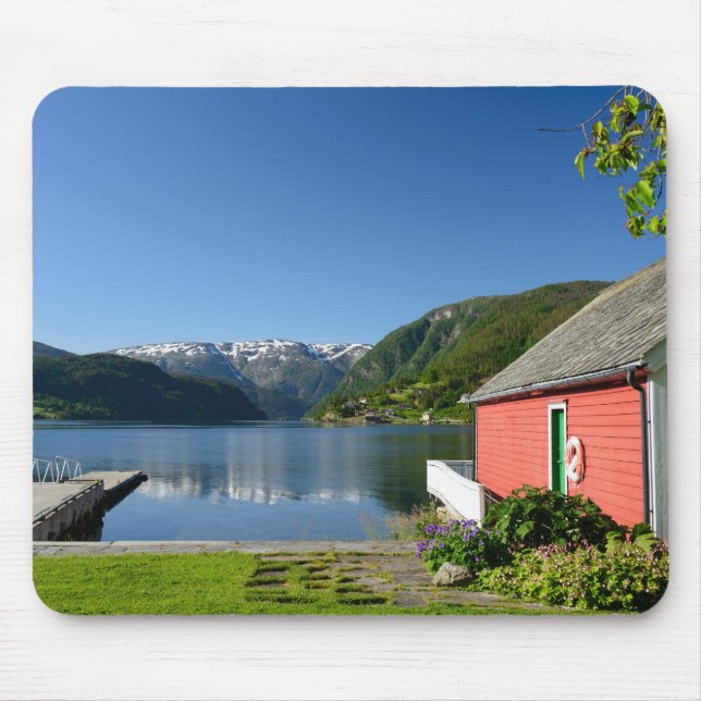Tapis De Souris Mousepad norvégien de fjord et de boathouse (Devant)