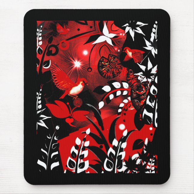 Tapis De Souris Mousepad Oiseaux rouges floraux asiatiques (Devant)