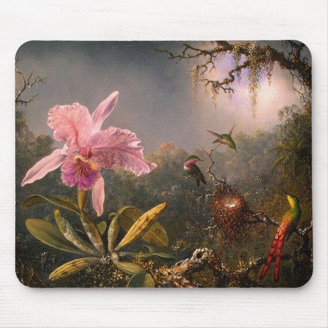 Tapis De Souris Mousepad : Orchidée de Cattleya et trois colibris (Devant)