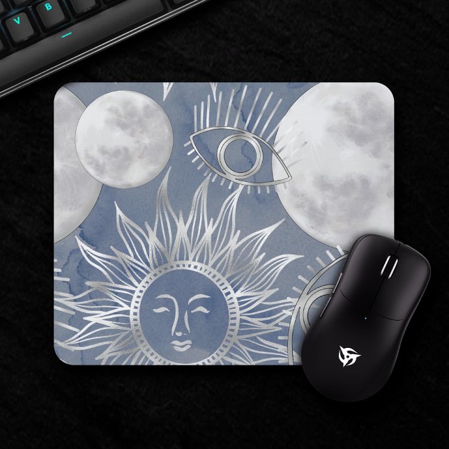 Tapis De Souris Mystique solaire | Dusty Blue Silver Moon Stars So (Créateur téléchargé)