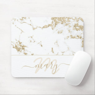 Tapis De Souris Name Monogram Marble Gold Elegant White Abstract