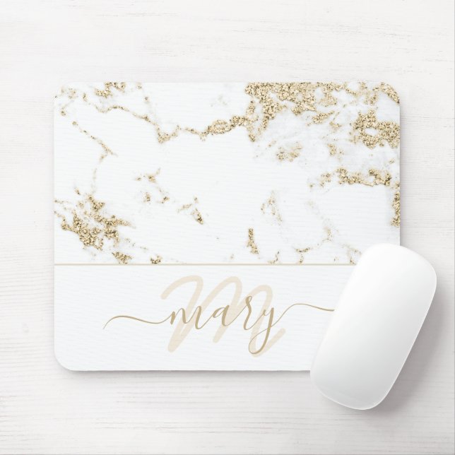 Tapis De Souris Name Monogram Marble Gold Elegant White Abstract (Avec souris)