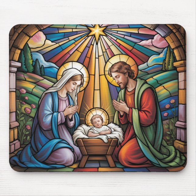 Tapis De Souris Nativity Stained Glass Art – Holy Family Christmas (Devant)