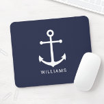 Tapis De Souris Nautical White Anchor and Custom Nom on Navy Blue<br><div class="desc">Souris minimaliste moderne avec ancre blanche avec nom personnalisé en blanc style de police sans serif moderne sur arrière - plan bleu marine.</div>