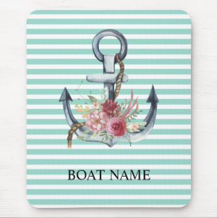 Tapis De Souris Nautique, Fleurs d'ancre Rayures Vert Menthe