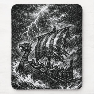 Tapis De Souris Navire long Viking dans la tempête — Ink Saga Art
