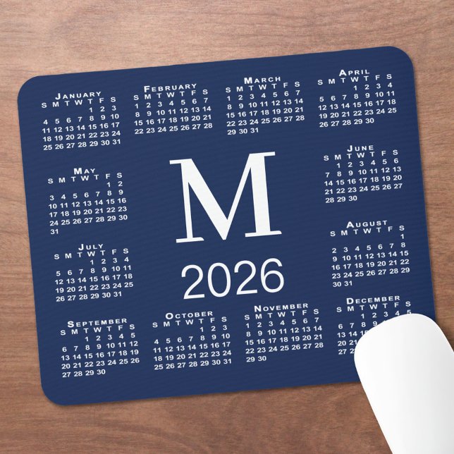 Tapis De Souris Navy Blue and White Monogram 2026 Calendar (Navy Blue and White Monogram 2026 Calendar Mouse Pad, in situ)