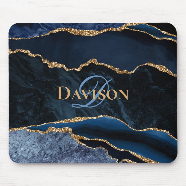 Tapis De Souris Navy Blue Gold Agate Monogram Elegant (Devant)