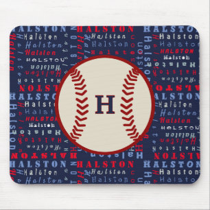 Tapis De Souris Navy Blue, Red Monogram Nom motif Kids baseball