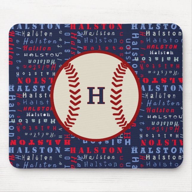 Tapis De Souris Navy Blue, Red Monogram Nom motif Kids baseball (Devant)