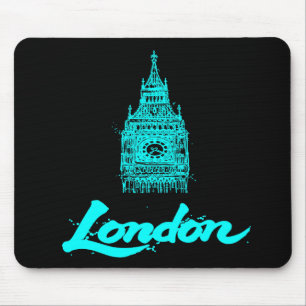 Tapis De Souris Néon Cyan Londres Big Ben Esquisse Moderne Noir