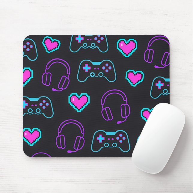 Tapis De Souris Neon Gamer Controller and Hearts Pattern (Avec souris)