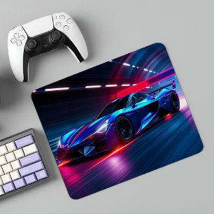 Tapis De Souris Neon Racer : Supercar futuriste à Cyberpunk City