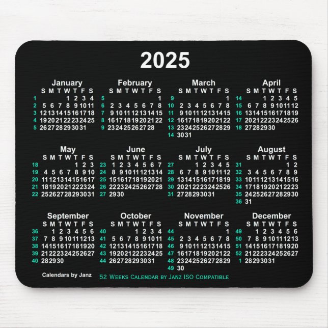 Tapis De Souris Neon White 2025 52 semaines Calendrier ISO par Jan (Devant)
