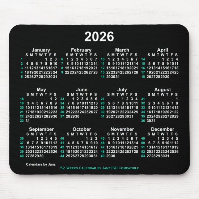 Tapis De Souris Neon White 2026 52 semaines Calendrier ISO par Jan (Devant)